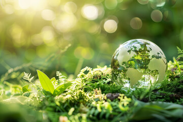 A glass globe sphere is surrounded by nature and plants, referencing a sustainable future for planet Earth.