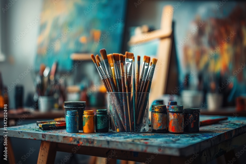 Poster exploring creativity with artist brushes, vibrant paints, and canvases in a dynamic art studio setti