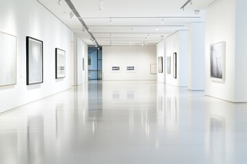 Fototapeta premium A modern art gallery featuring minimalist black and white artworks on white walls.