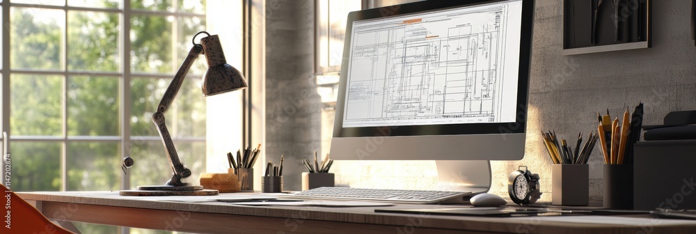 Poster modern engineering desk setup with workspace essentials and ample natural light during the day. gene