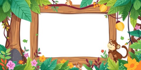 Playful monkey frame with vine accents on a pastel jungle backdrop, featuring a blank middle for fun animal illustrations, blank, frame, accents
