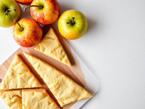 Puff pastry triangles filled with apples dutch appelflappen on old cutting board, homemade food concept, copy space, high angle view, triangles, homemade, concept