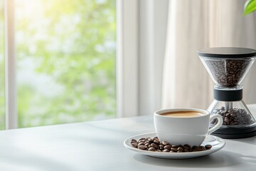 A serene coffee scene with a cup, saucer, and coffee beans beside a grinder by a sunny window.