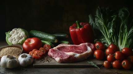 Fresh vegetables and meat arranged on a wooden surface with grains and herbs for a healthy meal preparation. Generative AI