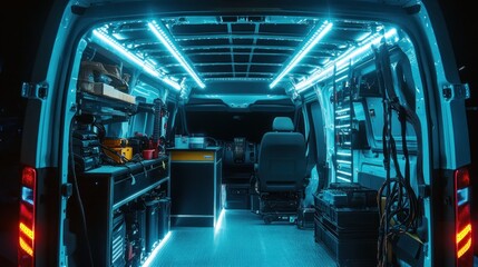 The interior of a work van is lit up with blue LED lights, revealing a fully equipped workspace with tools and equipment, ready for a job.