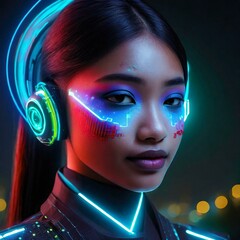 potret fiksi ilmiah seorang wanita dari masa depan futuristik berteknologi tinggi. AI generatif