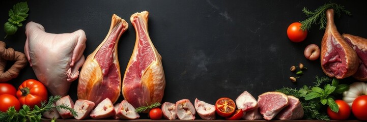 Raw pork meat and chicken frame arranged over a dark background with copy space for advertisement, meat, cooking, copy space