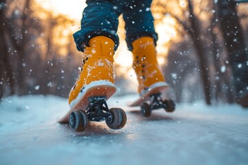A person ice skating on a snowy path with vibrant orange boots during winter.