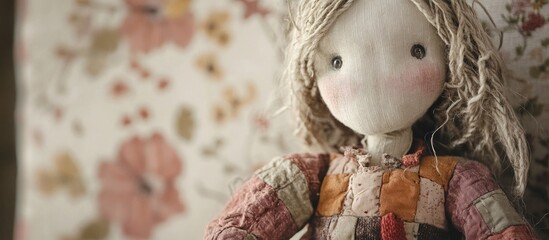 Handmade doll with yarn hair and patchwork dress.