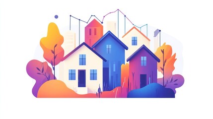 Colorful houses in a small neighborhood with a graphic line graph above them.