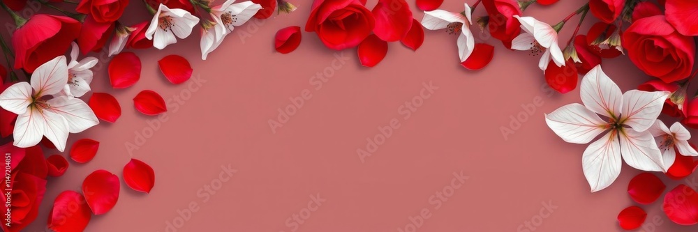 Wall mural red rose petals scattered in a soft gradient with a crisp white frame in the center, ideal for text 