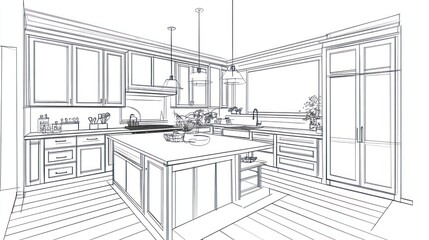 A 3D line drawing of a kitchen interior design with a large kitchen island, cabinets, and a large window, rendered in black and white.