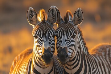 Naklejka premium Two zebras stand side-by-side at sunset, their stripes illuminated by the golden light.