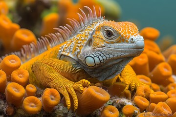 A vibrant orange and white iguana rests on a bed of orange coral in a tropical underwater scene.