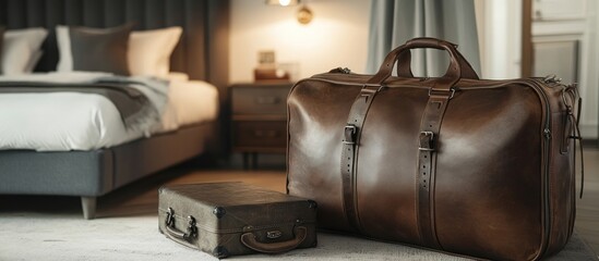 Fototapeta premium Leather suitcase on hotel room floor.