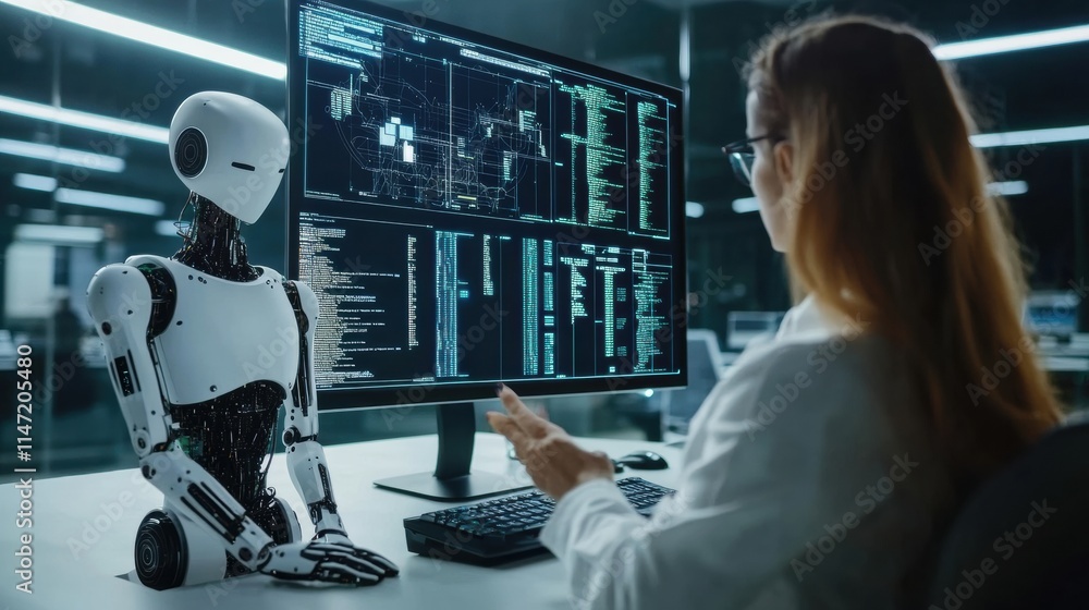 Fototapete human and ai collaboration enhances task efficiency in a modern workspace setting. generative ai
