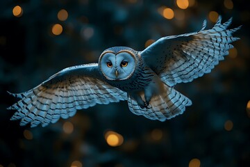 Majestic blue owl in flight, night scene with bokeh lights, stunning wildlife photography