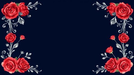 Red watercolor background with dark blue and red roses, silver frame in center, dark blue, art, decoration