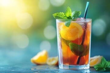 Fototapeta premium A refreshing drink with mint and citrus in a glass, set against a blurred background.