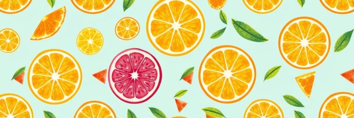 Fototapeta premium Repetitive background of vibrant red blood orange fruit slices, summer, backdrop, design