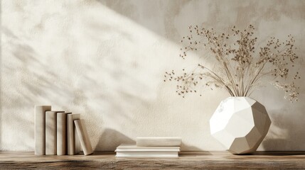 A minimalist interior design with a geometric vase filled with dried flowers and a stack of books on a wooden shelf against a light beige wall.