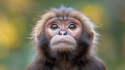 Obraz premium Close-up portrait of a young gibbon looking directly at the camera with a soft blurred forest background.