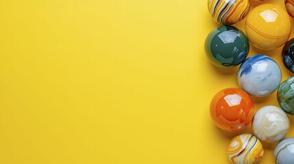 Bright and Cheerful Marbles Scattered on Yellow Surface, Vibrant and Playful Background for Design Projects and Advertising.