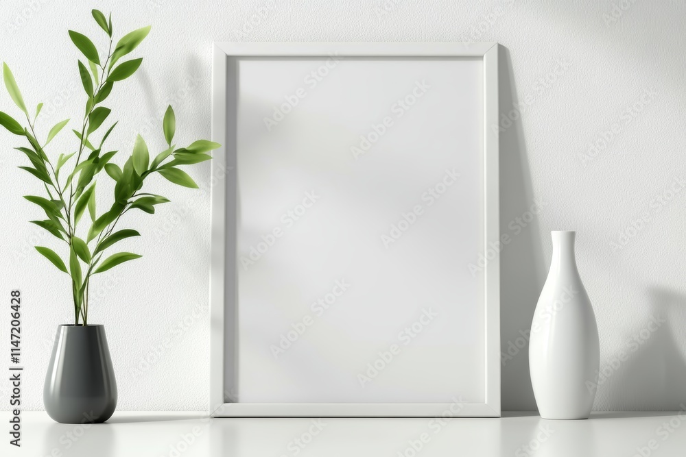 Poster a minimalist display featuring a blank frame and decorative vases with greenery.