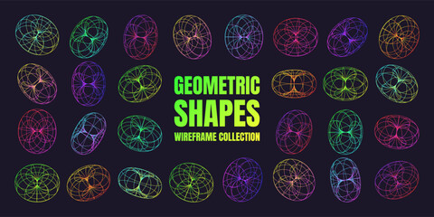 Neon lined wireframe shapes. Perspective mesh, 3d grid. Low poly geometric elements. Retro futuristic design elements, y2k, vaporwave and synthwave style. Vector illustration