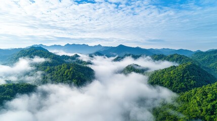 Misty mountain landscape, aerial view.