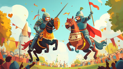 Whimsical Illustration of a Jousting Tournament Between Knights in Children's Book Style