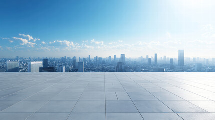 Fototapeta premium A large, empty square floor with a city skyline view on the horizon, a blue sky, and bright, daytime