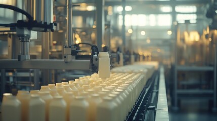 A production line of white plastic bottles moves along a conveyor belt in a modern factory.