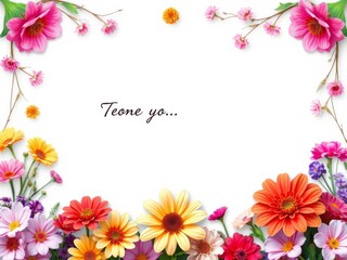 Romantic background with colorful flowers from garden creating a beautiful frame with an empty space in the middle for message text and card invitation, message, card, empty space