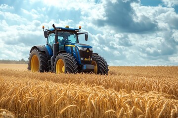 Obraz premium Blue tractor riding on wheat field under cloudy sky