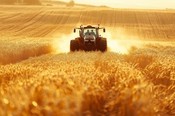 Fototapeta premium Tractor driving on wheat field during sunset golden hour