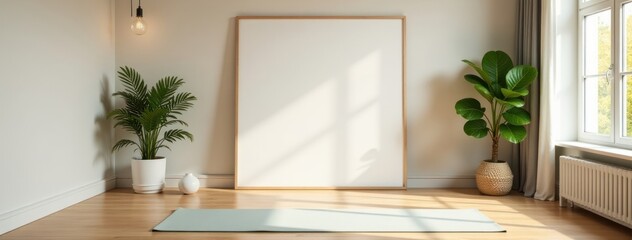 Fototapeta premium Minimalist Yoga Studio with Blank Frame and Green Plants. Perfect for showcasing wellness, meditation, and relaxation concepts in modern, minimalist interior designs focused on calm and balance.