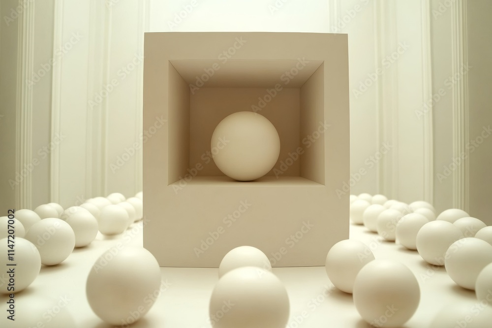 Poster a minimalistic scene featuring a central sphere in a recessed square, surrounded by smaller spheres.