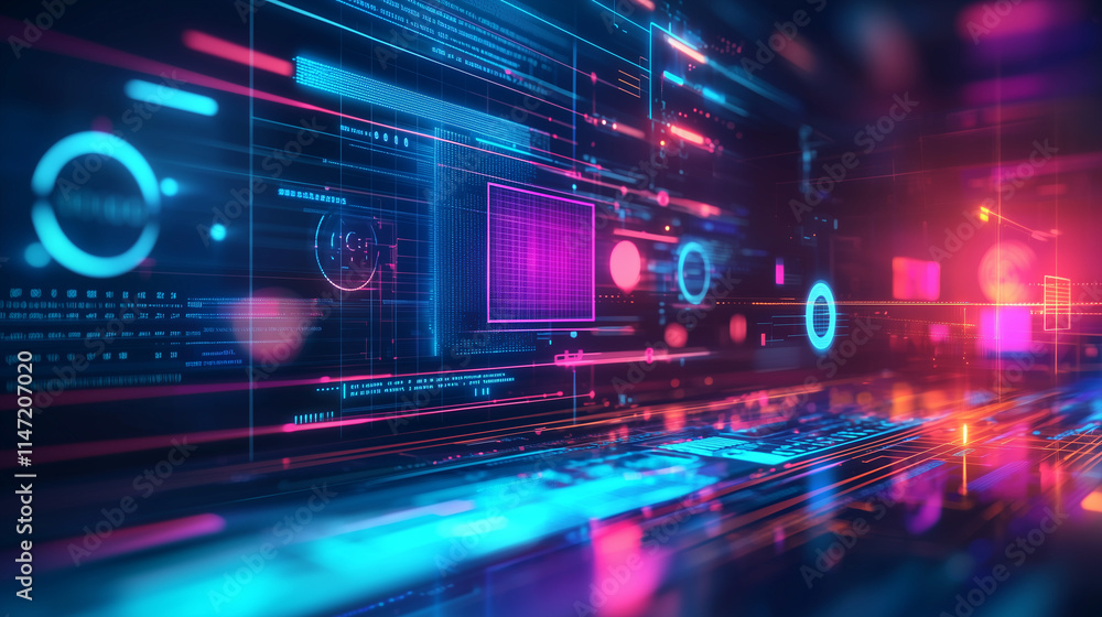 Poster abstract digital landscape with glowing neon data streams, vibrant interfaces, and technological ele