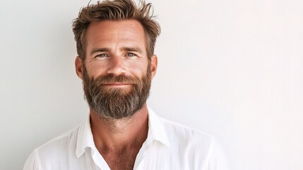 Fototapeta premium Smiling Handsome Bearded Man in Bright Minimalist Portrait