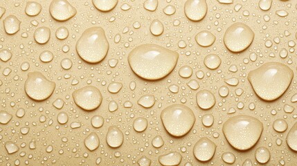 Glistening Water Droplets on a Soft Beige Surface, Reflecting Light and Elegance
