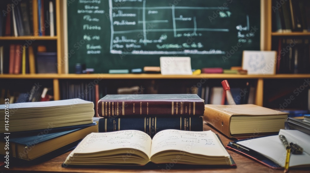 Poster stationery neatly arranged on a desk with open notebooks and a blackboard in the background. generat