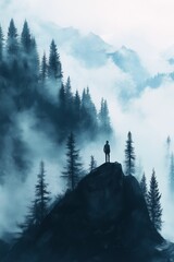 Fototapeta premium Hiker standing on a rock admiring a mountain landscape covered by fog