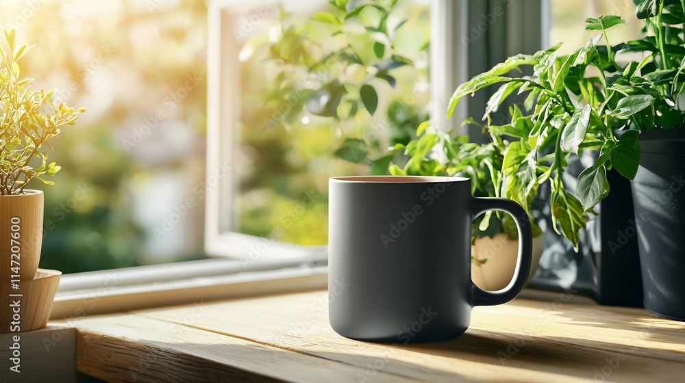 Poster minimalist and elegant coffee mug mockup placed on a wooden table with soft sunlight streaming in fr