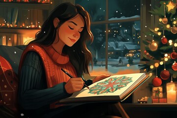 Fototapeta premium Young woman drawing a mandala on Christmas Eve near a decorated Christmas tree