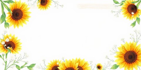 Rustic wedding frame with sunflowers and baby's breath watercolor illustration, blank middle space, floral border, rustic theme, theme, rustic, sunflowers