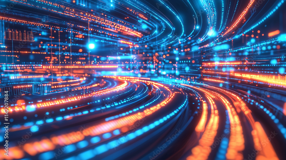 Poster abstract visualization of digital data streams flowing in a swirling, futuristic network. vibrant bl