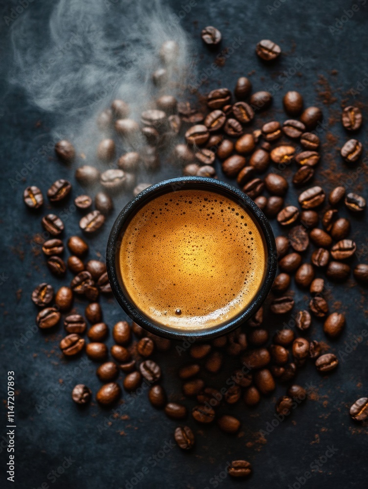 Poster close up view of a steaming cup of coffee surrounded by roasted coffee beans on a dark background. g