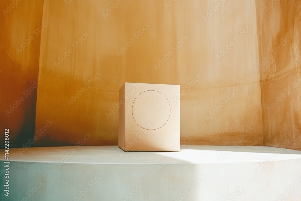 Poster a minimalist cube displayed on a circular pedestal in a softly lit environment.