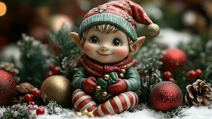 Festive Christmas Elf Figurine Amidst Holiday Decorations